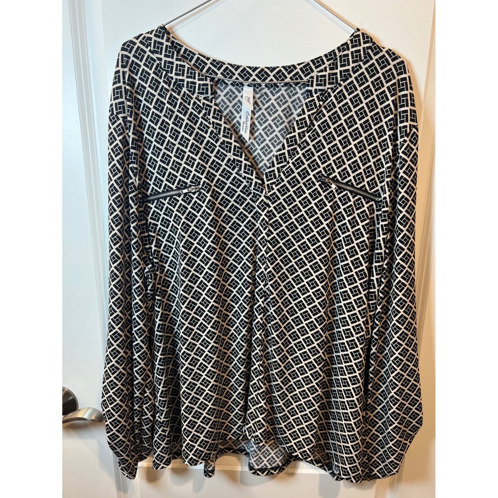 NY Collection Woman Blouse Geometric Print Zipper Detail Black White 2X